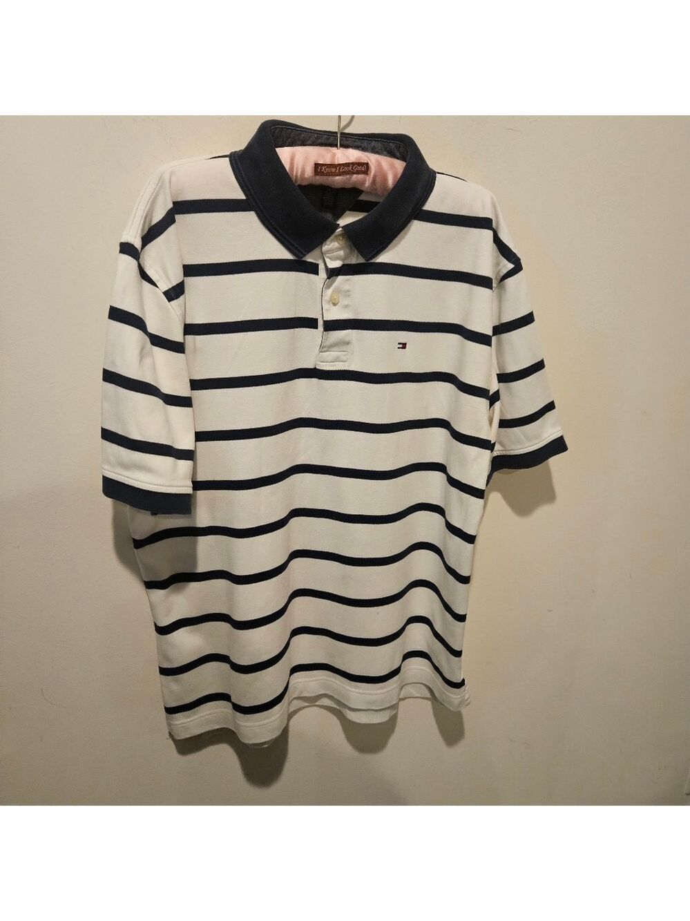 Tommy Hilfiger Men's Short Sleeve Polo, White With Blue Stripes, XL